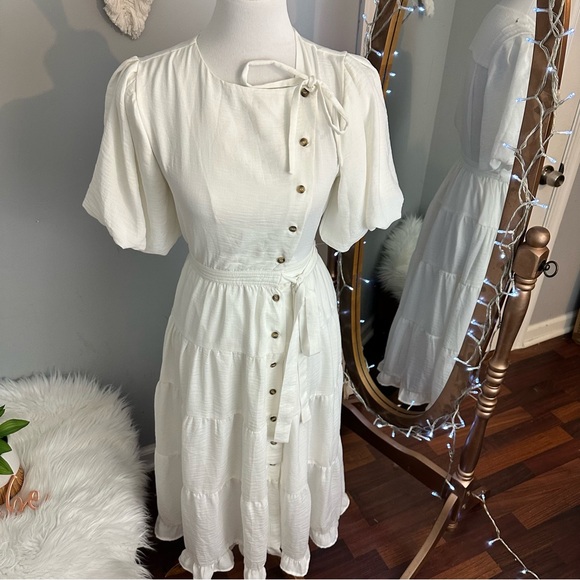 Hobbs London Bubble Sleeve White Midi Dress - Picture 2 of 11